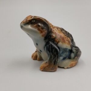 Vintage Miniature Ceramic Frog Toad Figurine Mottled Glaze Brown Blue Spots Tiny